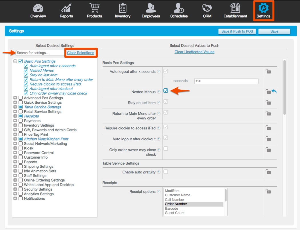 Push Settings in EMS